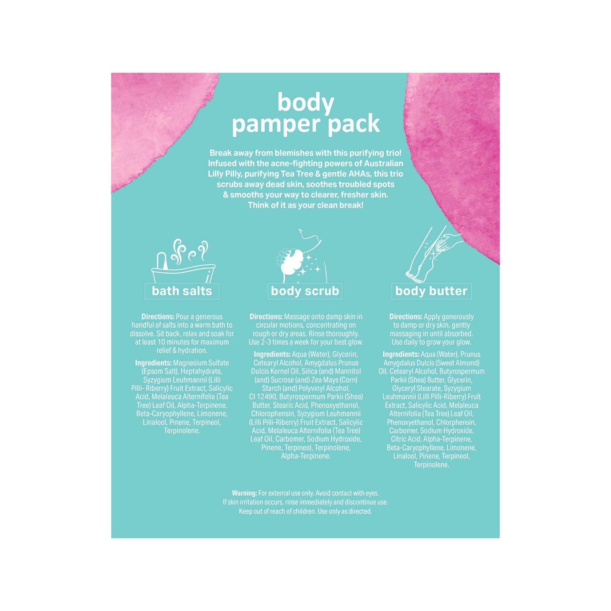 Body pamper pack with product details on a teal background