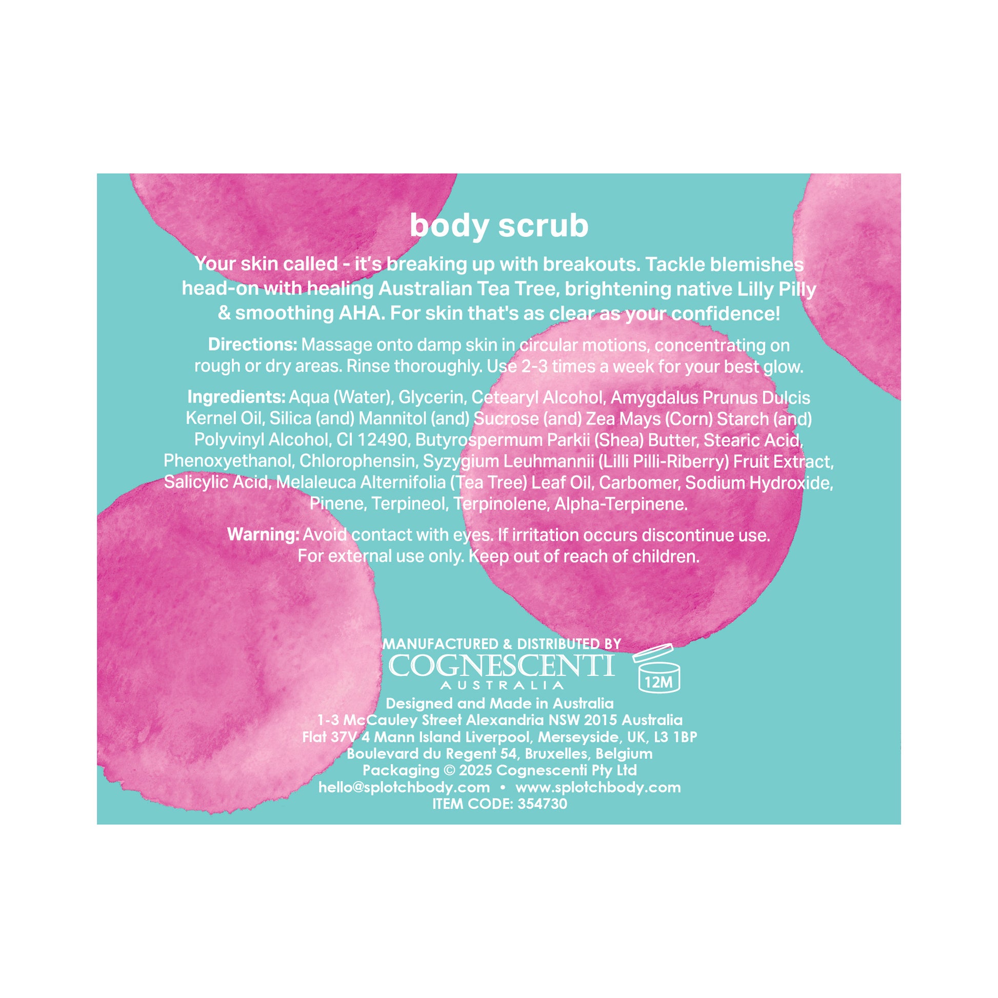 Product label for body scrub with pink circular designs on a blue background