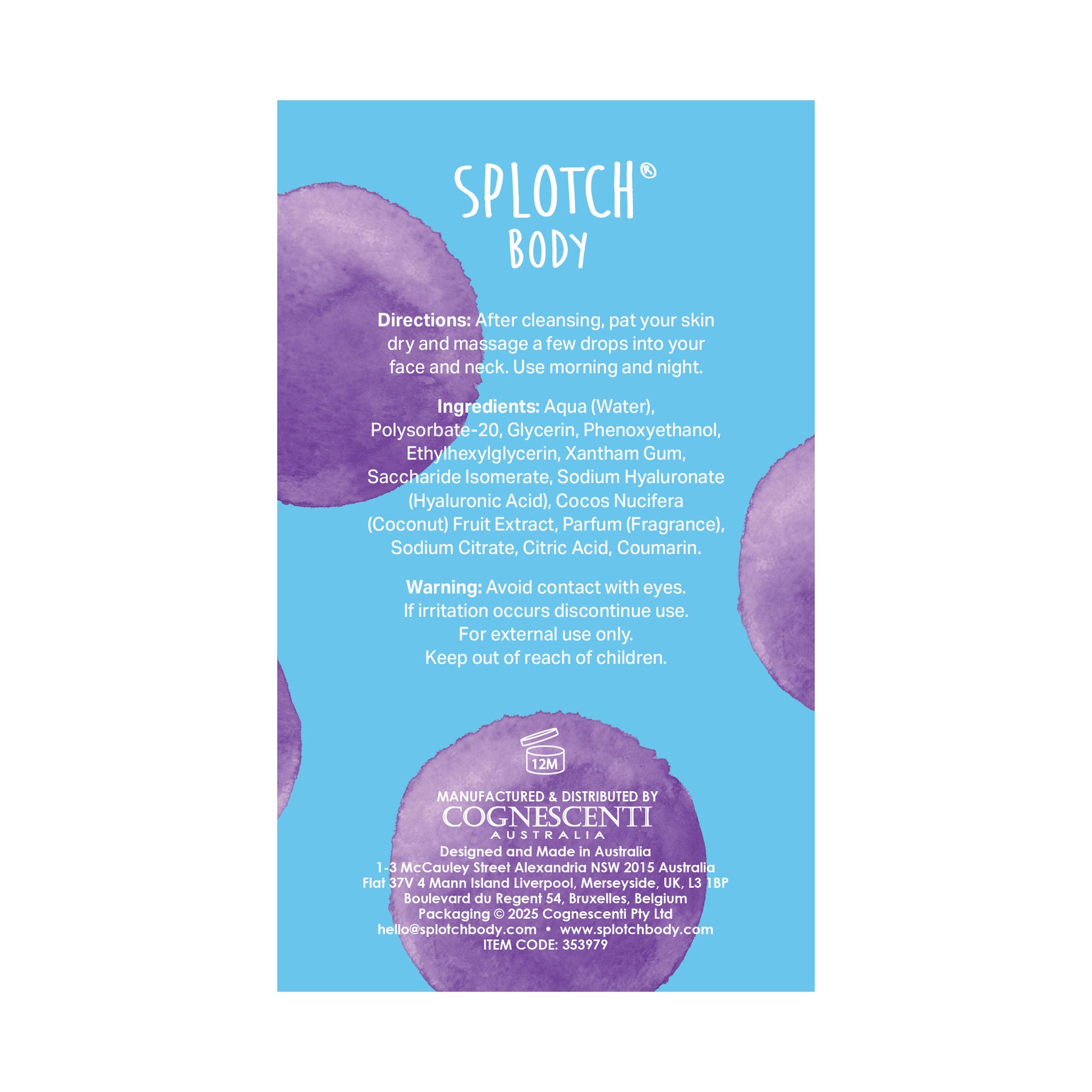 Back label of Splotch Body product with blue background and purple circles