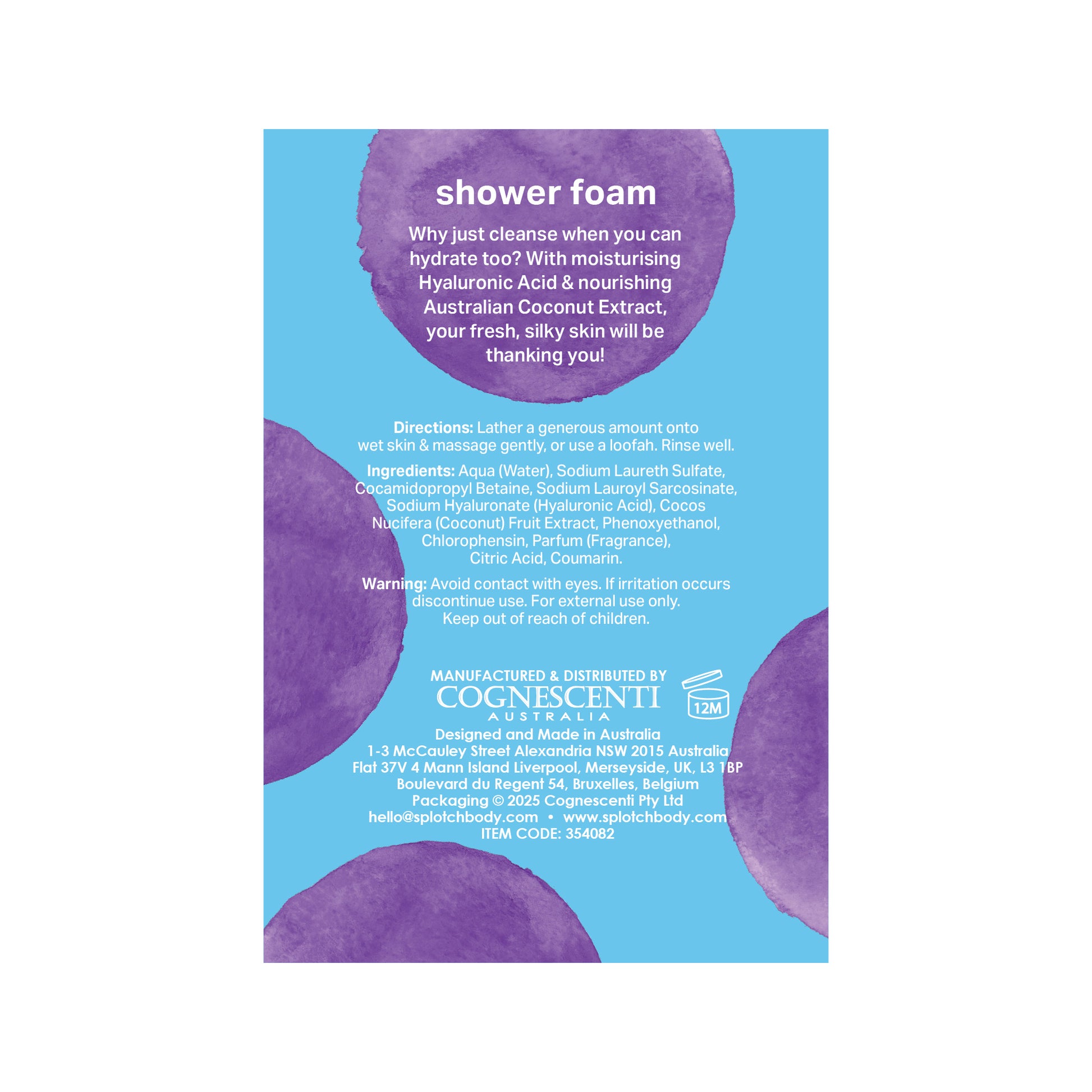 A blue label for a hydrating foam containing Hyaluronic Acid and Australian Coconut Extract.