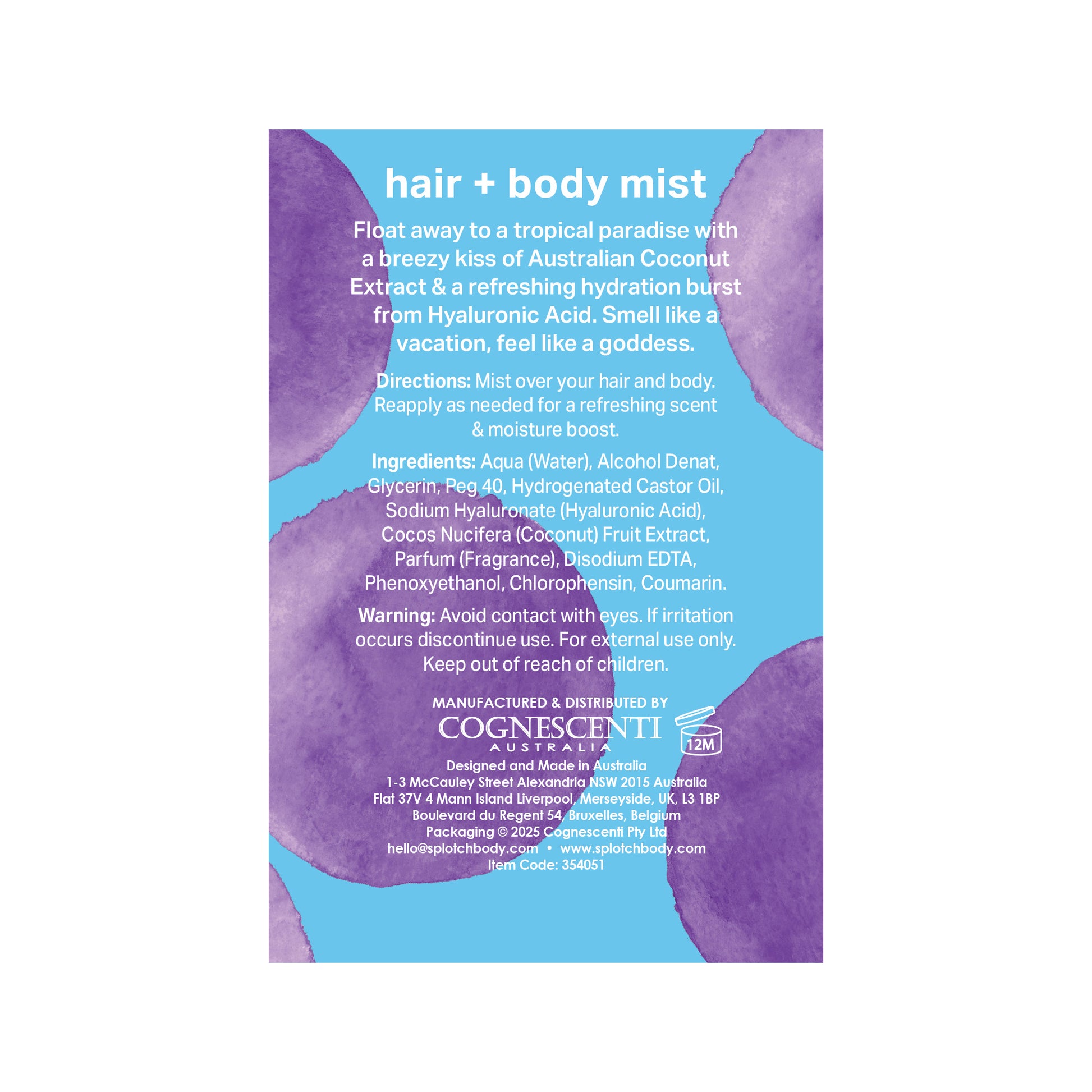 A blue label for an Australian Coconut Extract mist with directions to spray over hair and body for a refreshing scent.