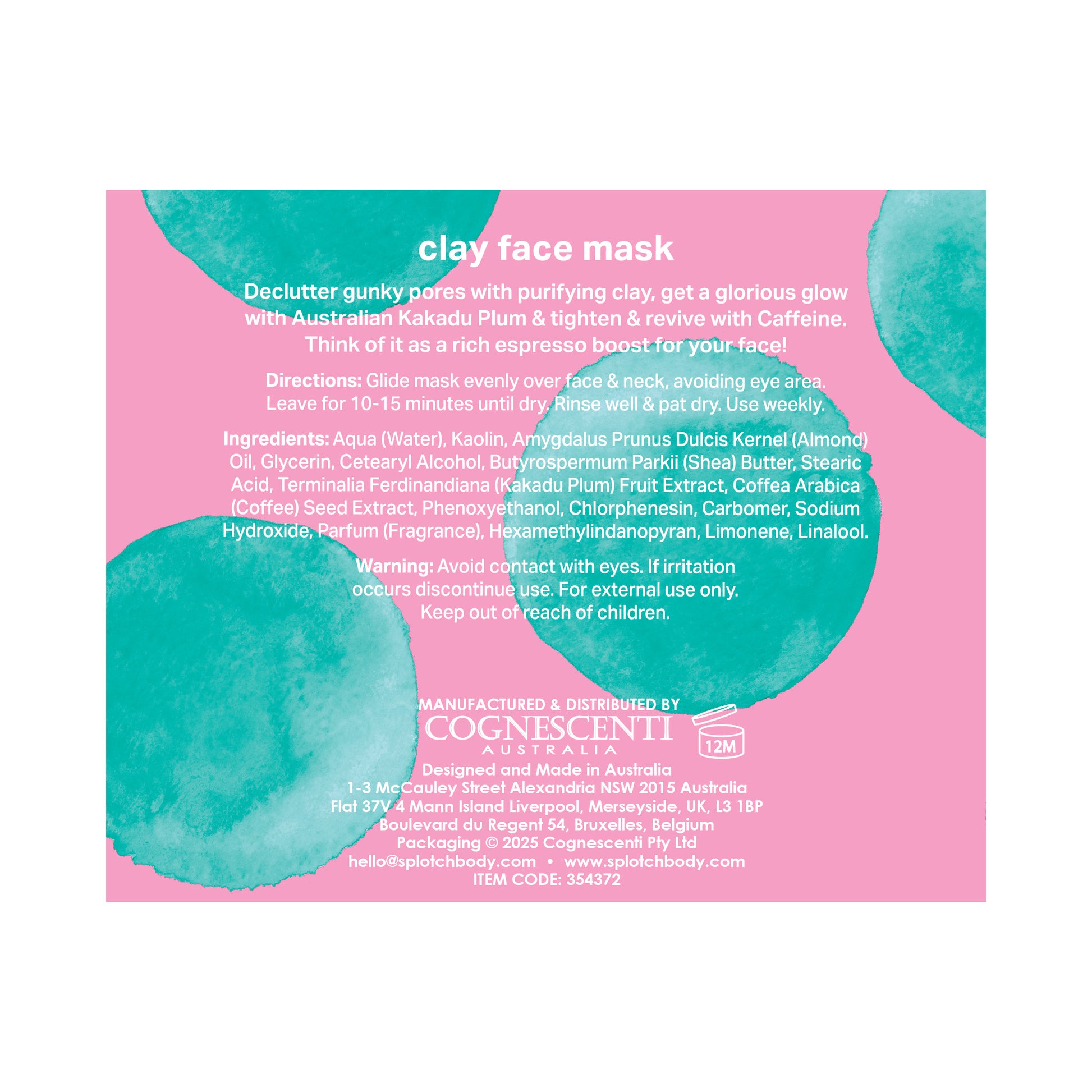 A pink box for "Splotch Body" "Kakadu Plum & Caffeine flawless... lip balm," next to two tubes of the product held in a hand, highlighting the benefits of "vitamin c kiss," "lip rehab," and a "smooth seal."