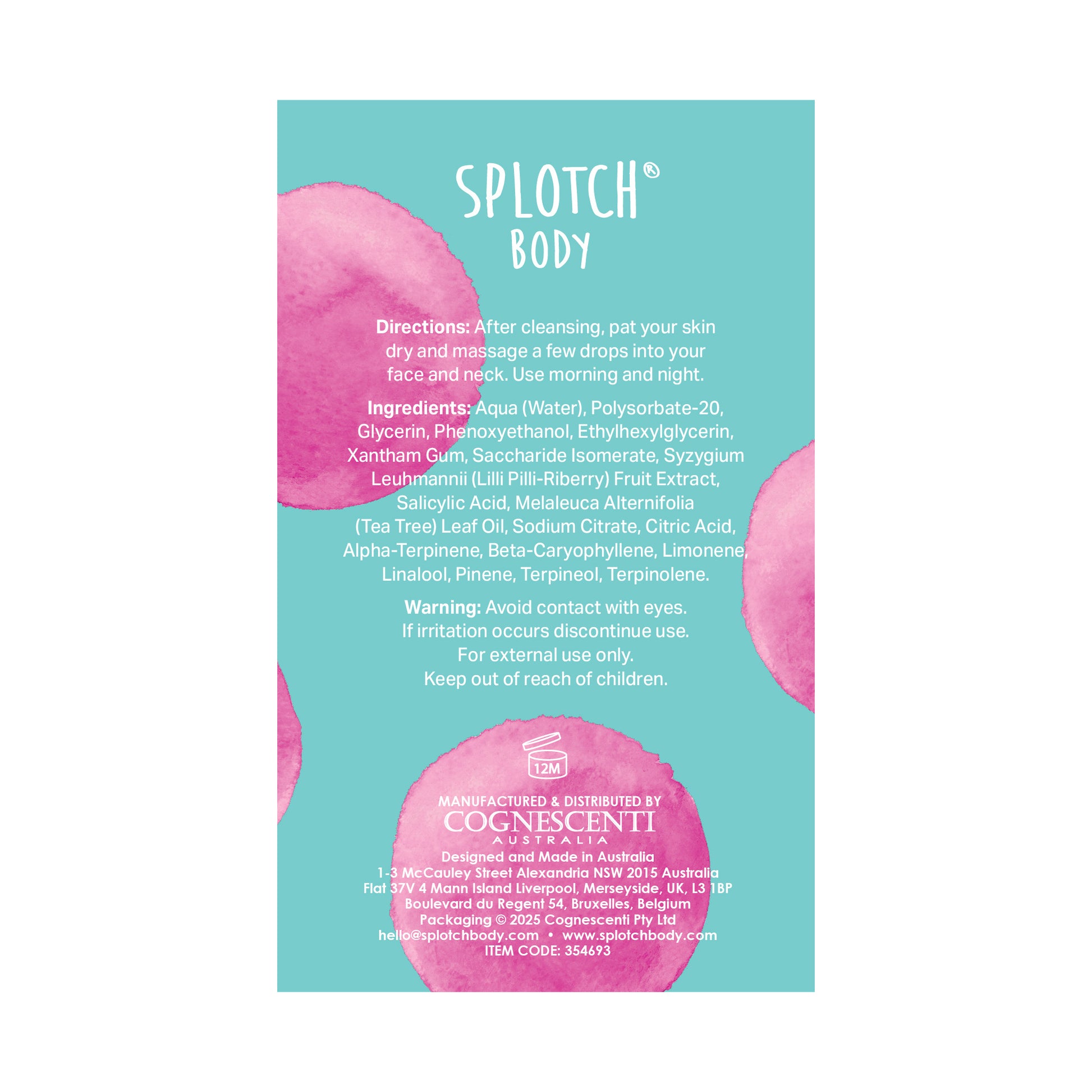 A light blue informational label for the "Porefection" face serum. It includes directions to massage a few drops into the face and neck morning and night. The ingredients list includes Lilli Pilli Fruit Extract, Salicylic Acid, and Tea Tree Leaf Oil.