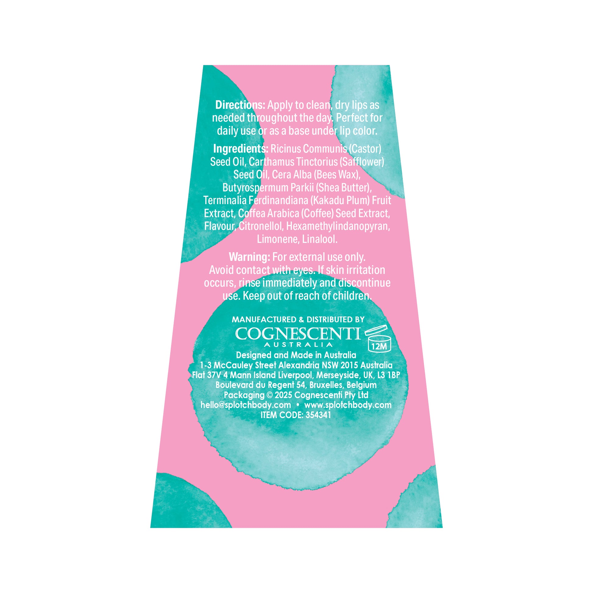 A clear glass bottle of "Splotch Body" "Kakadu Plum & Caffeine pure pout... lip oil" with a pink and teal box next to it. The product is designed to "plump & smooth," with the oil containing hyaluronic acid, caffeine, castor, sunflower, vitamin E, and kakadu plum seed oil to hydrate, smooth, nourish, and protect lips. The net volume is 10ml 0.34fl oz.