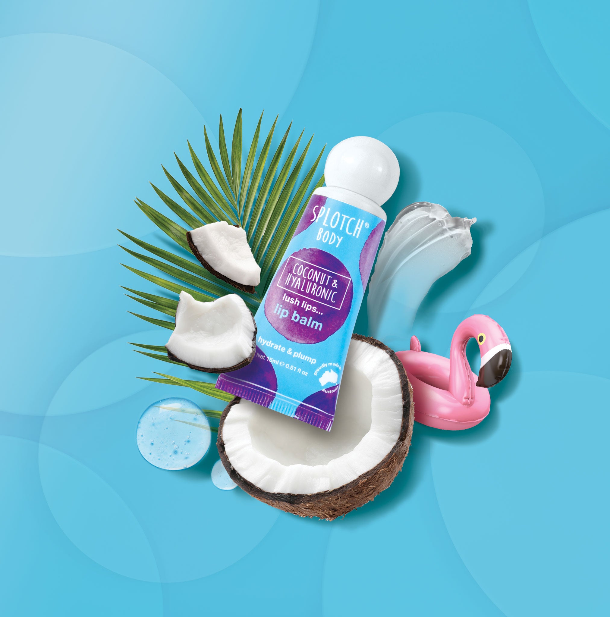 Lip balm with coconut pieces and a flamingo on a blue background