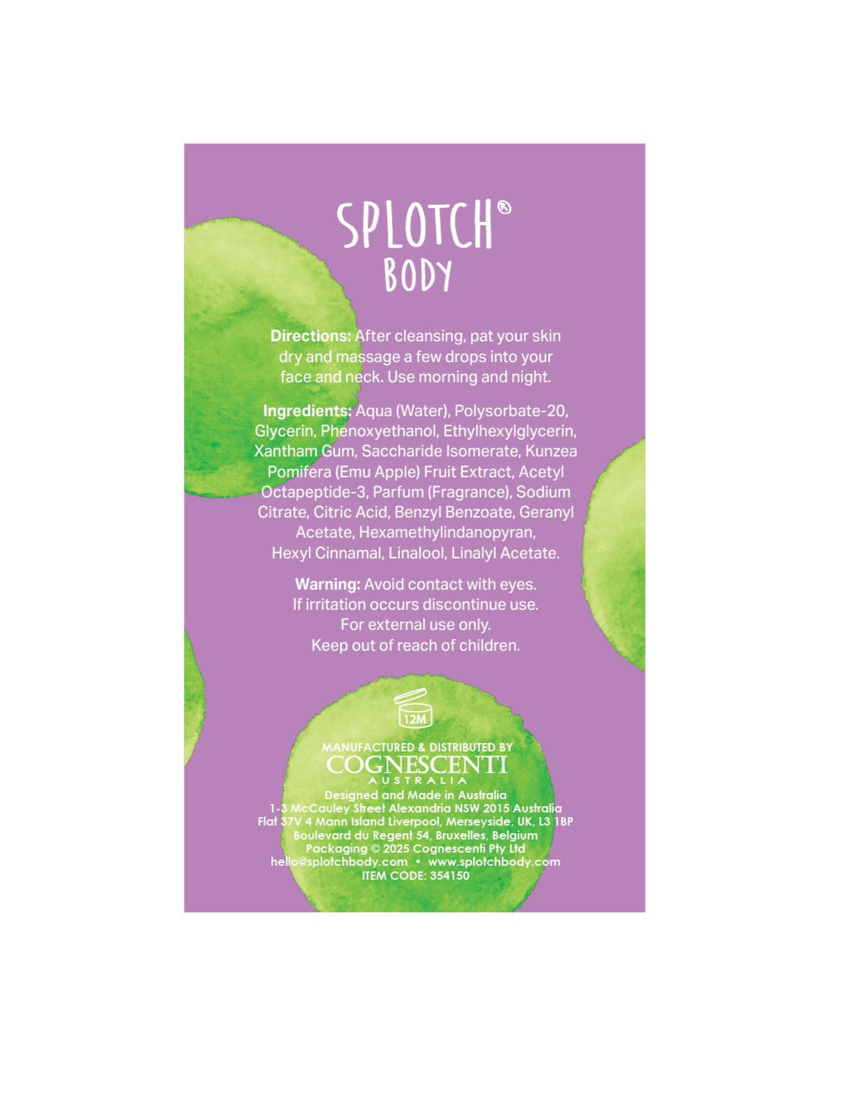Purple product packaging with green circles and text on a white background