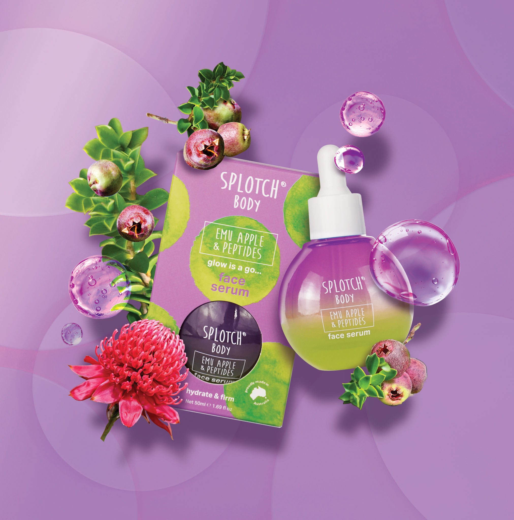 Splotch body care products with green and purple packaging on a purple background