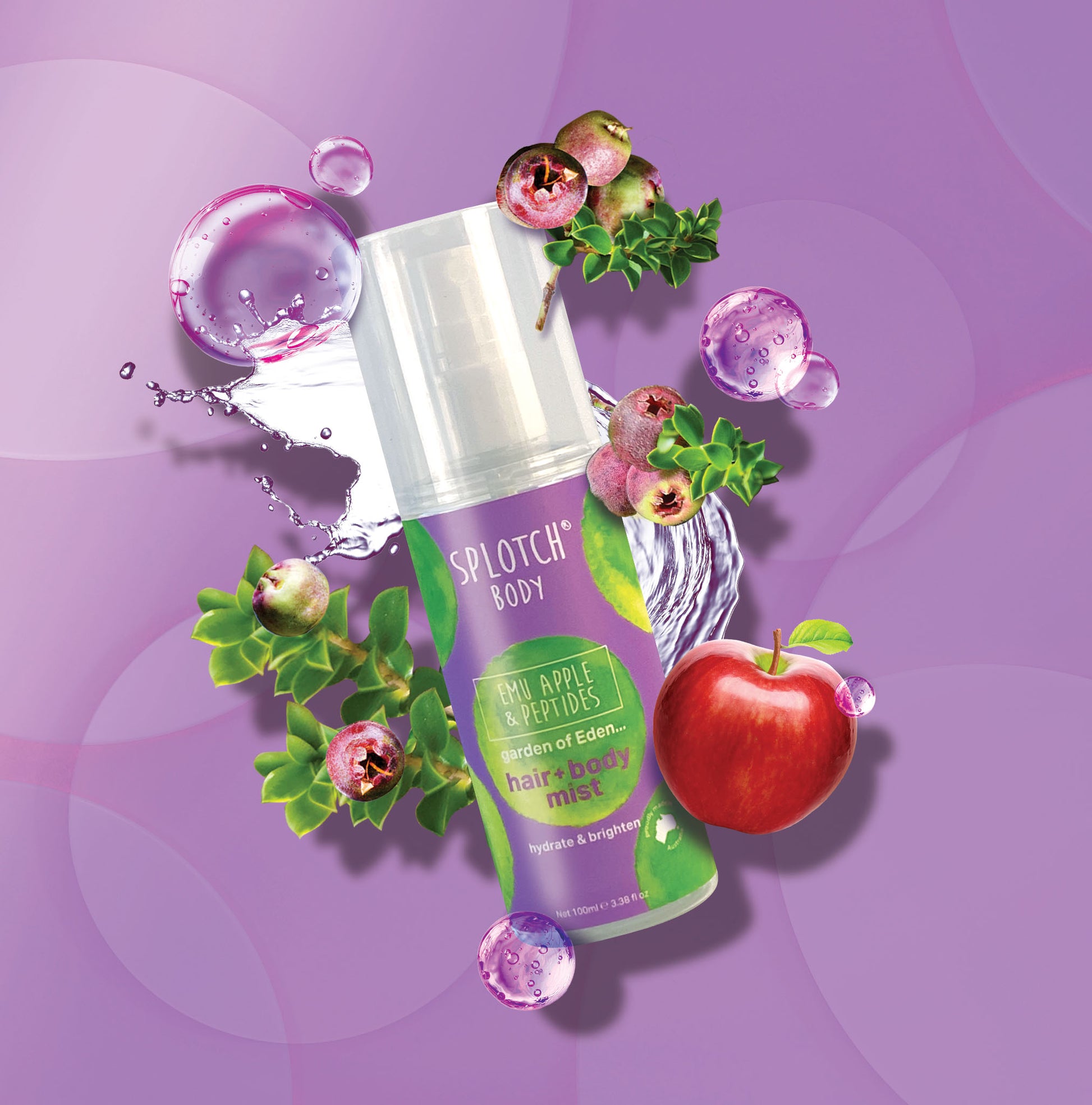 
"Back label of a body scrub product. Text describes its benefits (exfoliate, brighten, firm, buff dead skin), directions for use (massage onto damp skin, use 2-3 times a week), ingredients (including Emu Apple & Peptides), and warnings. The background is white with large, blurry green watercolor shapes."