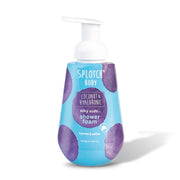 A blue and purple pump bottle of "Sploth Body Coconut & Hyaluronic Silky Suds Shower Foam" with the label text "hydrate & soften." The product is shown in a promotional setting surrounded by tropical elements like halved coconuts, a green palm leaf, soap bubbles, water droplets, and a scoop of vanilla ice cream on a cone, suggesting a hydrating, fragrant, and luxurious experience.