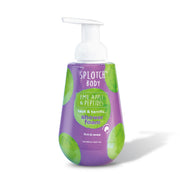 A purple and white bottle of SPLOTCH BODY Emu Apple & Peptides shower foam with a pump dispenser. The label has green, circular splotches and the text reads: "SPLOTCH BODY," "EMU APPLE & PEPTIDES," "taut & terrific... shower foam," and "firm & renew." The net content is listed as 500ml 16.91fl oz.