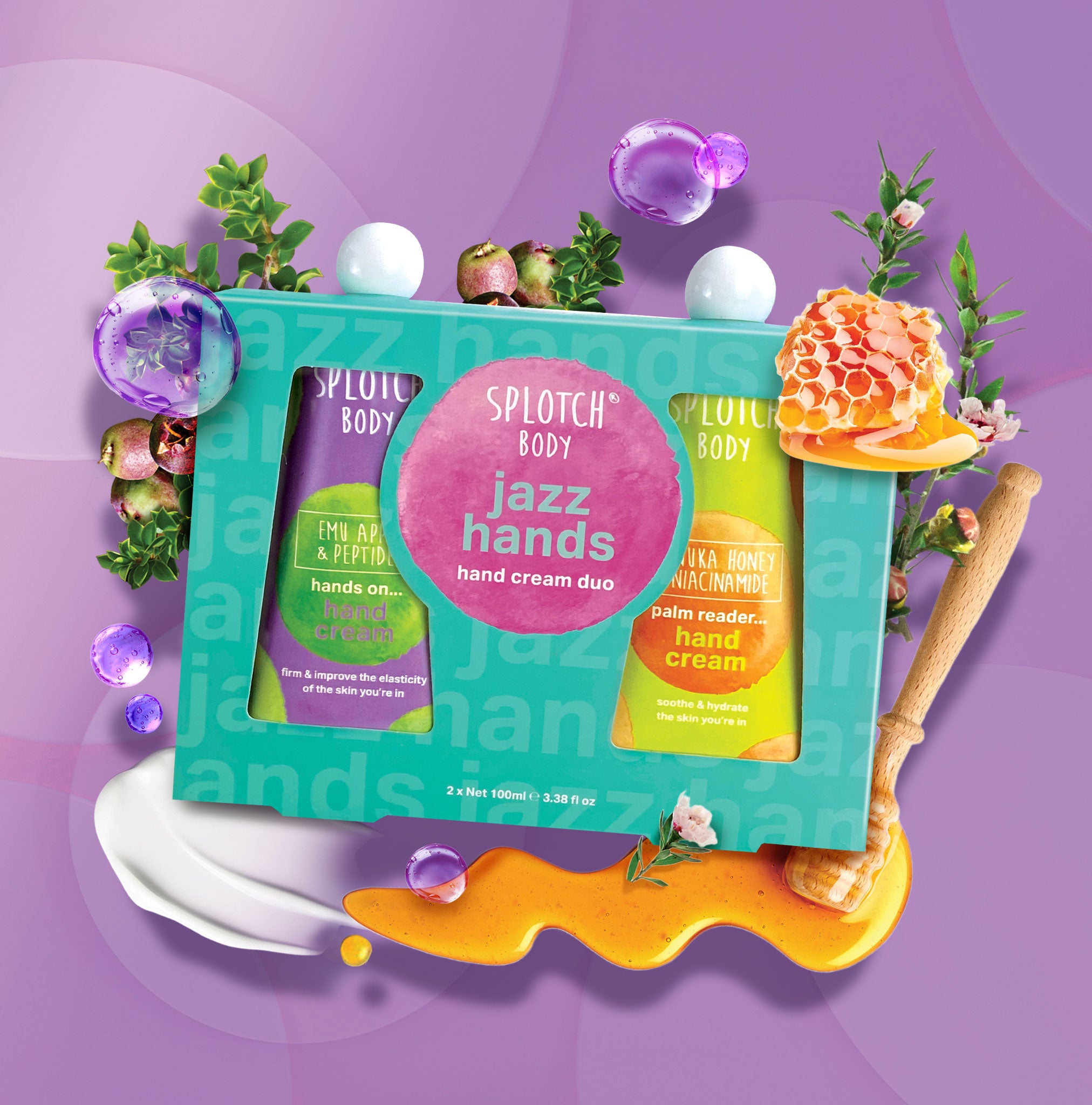 Splotch Body Jazz Hands hand cream duo packaging on a purple background with decorative elements.
