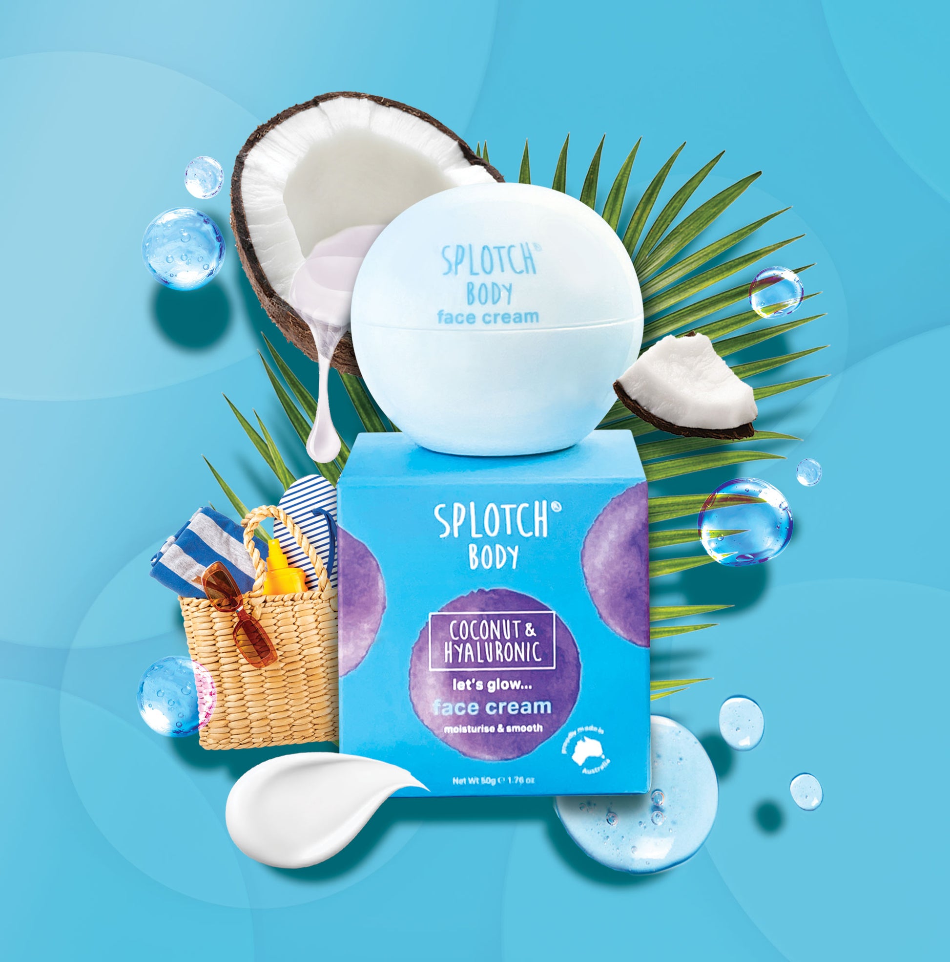 Splotch Body coconut and hyaluronic face cream packaging on a blue background with coconut halves and palm leaves.