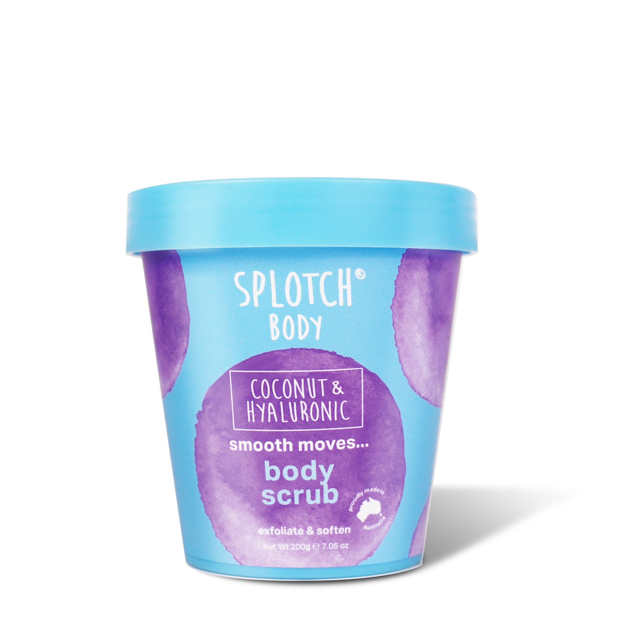 A light blue tub of SPLOTCH BODY Coconut & Hyaluronic Body Scrub with large purple splotch designs. The label reads "smooth moves... body scrub" and "exfoliate & soften," with a net weight of $200\text{g}/7.05\text{oz}$. It includes a stamp indicating it is "proudly made in Australia."