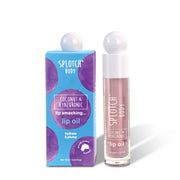 A clear glass bottle of "Splotch Body" "Coconut & Hyaluronic lip oil" labeled as "lip smacking... lip oil" next to its blue and purple box. The text beneath says "hydrate & plump," and a small seal reads "proudly made in Australia." The net volume is 10ml 0.34fl oz.