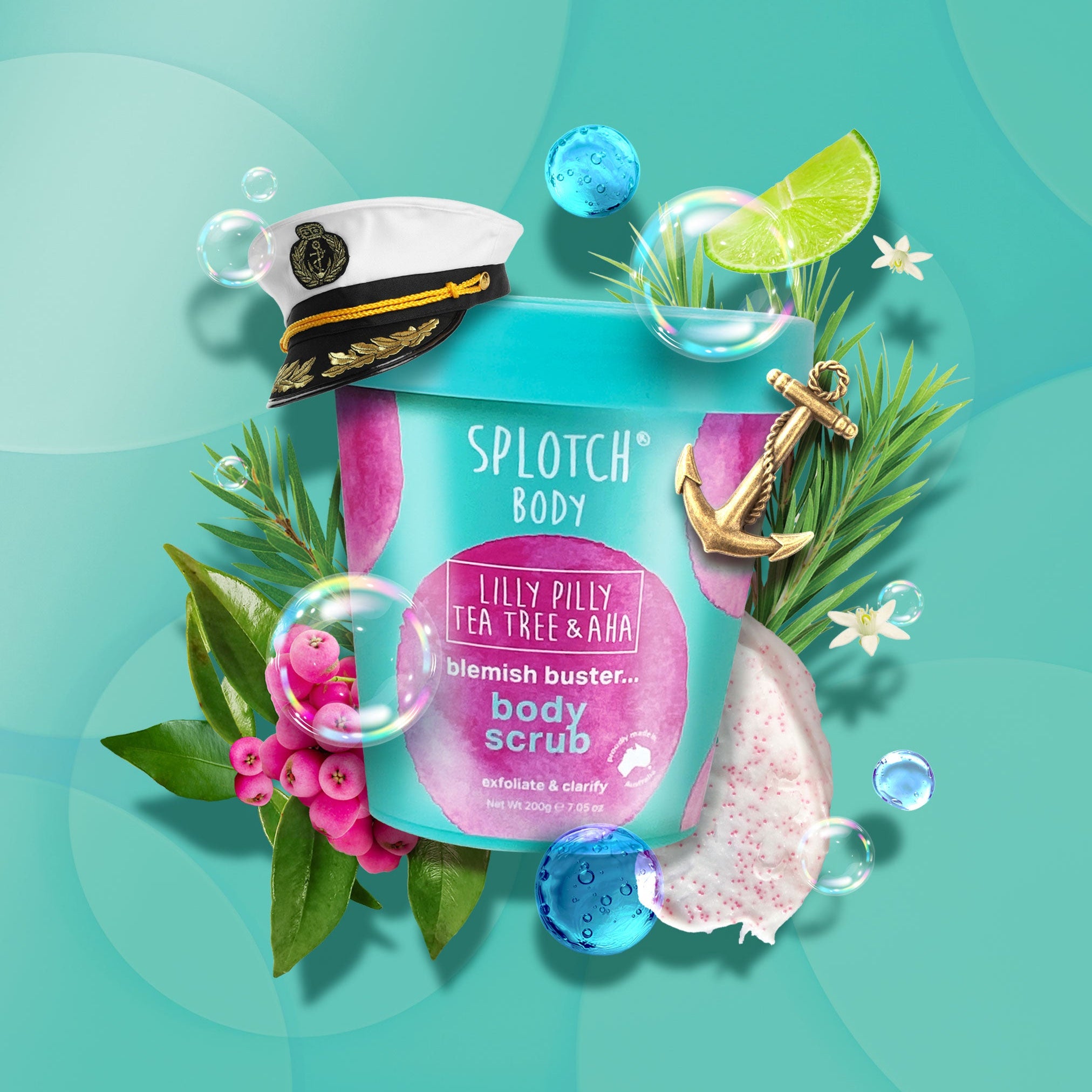 Splotch Body Lilly Pilly Tea Tree AHA blemish Buster body scrub with decorative elements on a teal background