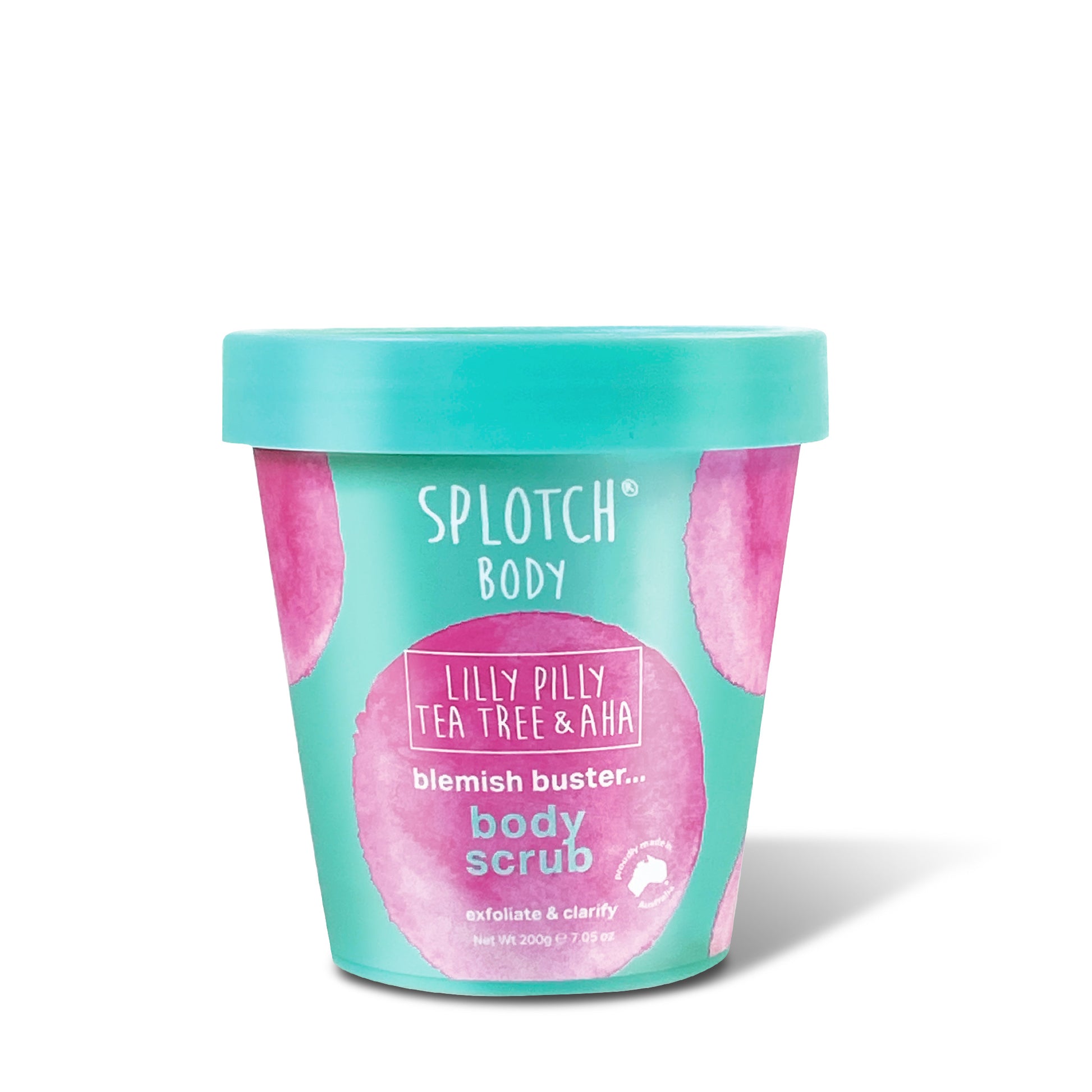 The "skin revivalist" body serum is housed in a tall, tapered squeeze tube. The "blemish buster" body scrub is in a 200g teal tub designed to exfoliate & clarify.