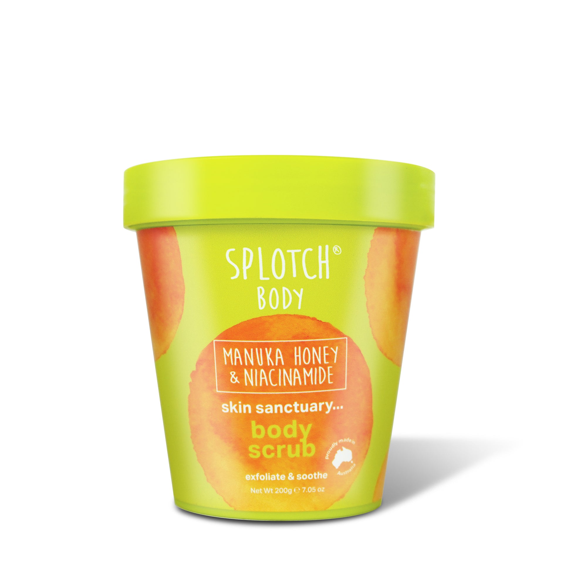 The Skin Sanctuary Body Scrub by Splotch Body is designed to provide a "spa day glow-up" by gently buffing away dry skin. This product highlights two main active ingredients: Australian Manuka Honey, which soothes and softens, and Niacinamide, which works to even skin tone and refine texture.