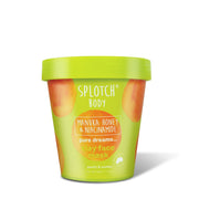 
A product shot of the SPLOTCH BODY Manuka Honey & Niacinamide Clay Face Mask tub, featuring a lime green design with orange watercolor splotches. The tub is labeled "pure dreams... clay face mask" and is formulated to "purify & soothe".