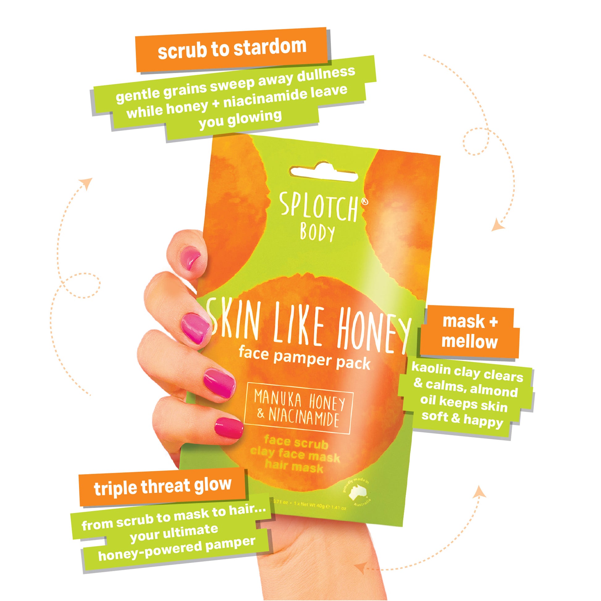 Lime green gift boxes for the "SILKY SKIN" body pack and "SKIN LIKE HONEY" face pack. The face pack includes face scrub, clay face mask, and hair mask.

Promotional Advertisements