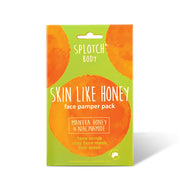 A promotional graphic for the Splotch Body "Skin Like Honey" face pamper pack. A hand with bright pink nails holds a lime-green gift box featuring the brand's signature orange watercolor "splotches". Text callouts highlight the kaolin clay for calming skin and almond oil for softness. Whimsical imagery in related ads includes a wooden honey dipper, a honeybee, and pink Manuka flowers surrounding the product packaging.