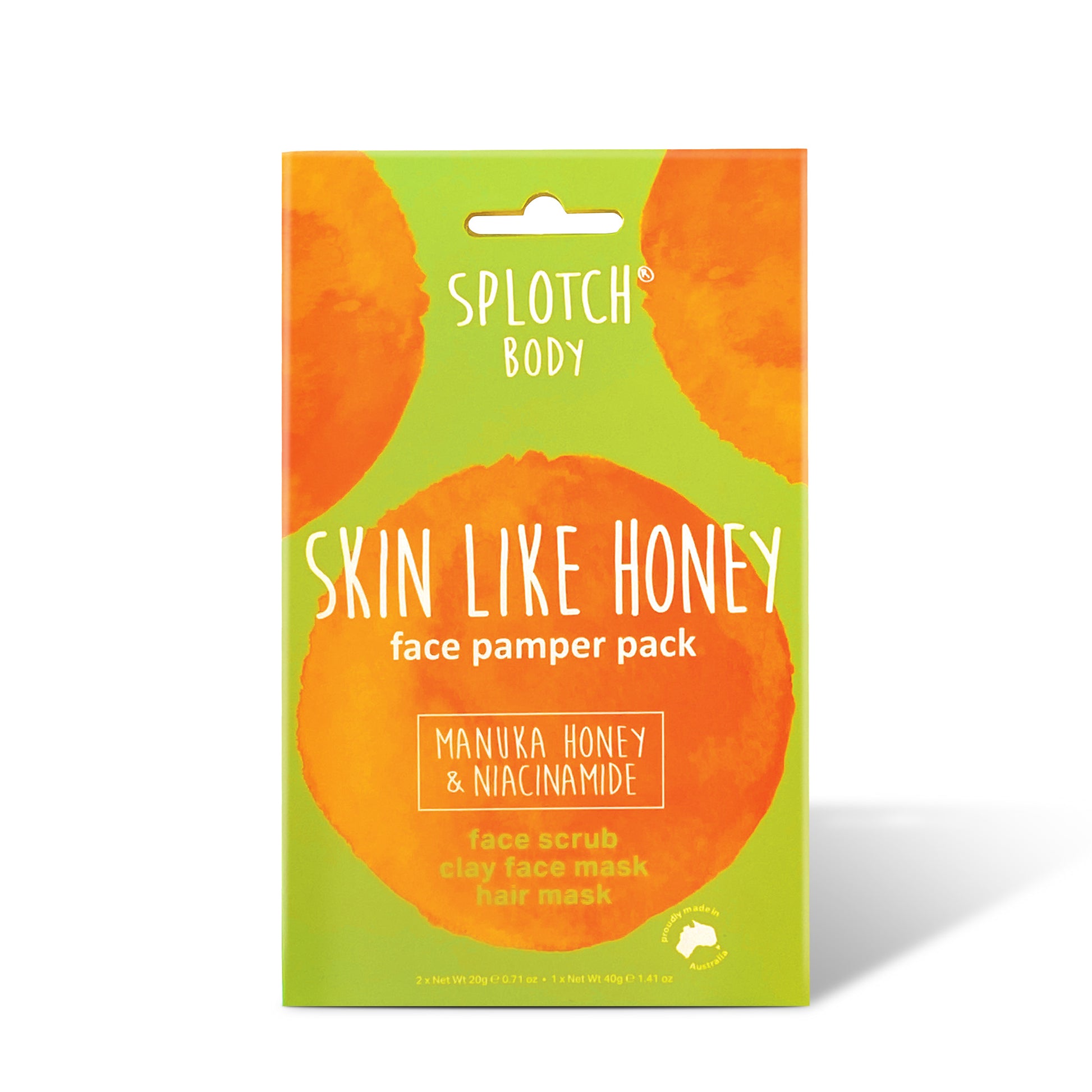 A promotional graphic for the Splotch Body "Skin Like Honey" face pamper pack. A hand with bright pink nails holds a lime-green gift box featuring the brand's signature orange watercolor "splotches". Text callouts highlight the kaolin clay for calming skin and almond oil for softness. Whimsical imagery in related ads includes a wooden honey dipper, a honeybee, and pink Manuka flowers surrounding the product packaging.