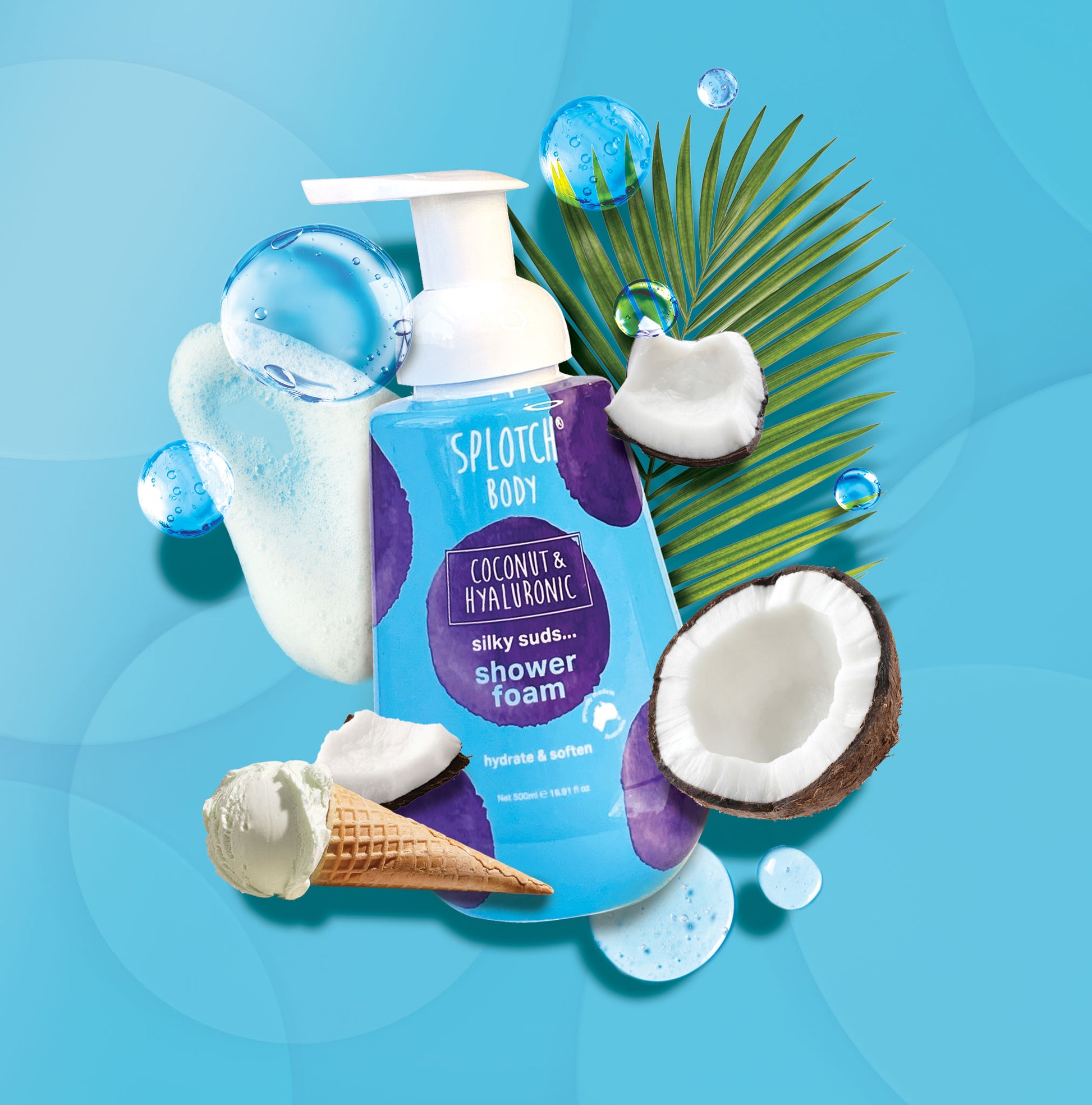 A brightly colored product shot featuring a blue and purple bottle of Sploth Body Coconut & Hyaluronic Silky Suds Shower Foam, with the text "hydrate & soften." The product is surrounded by water droplets, soap bubbles, coconut pieces, a green palm frond, and a vanilla ice cream cone, suggesting a tropical, moisturizing experience.
