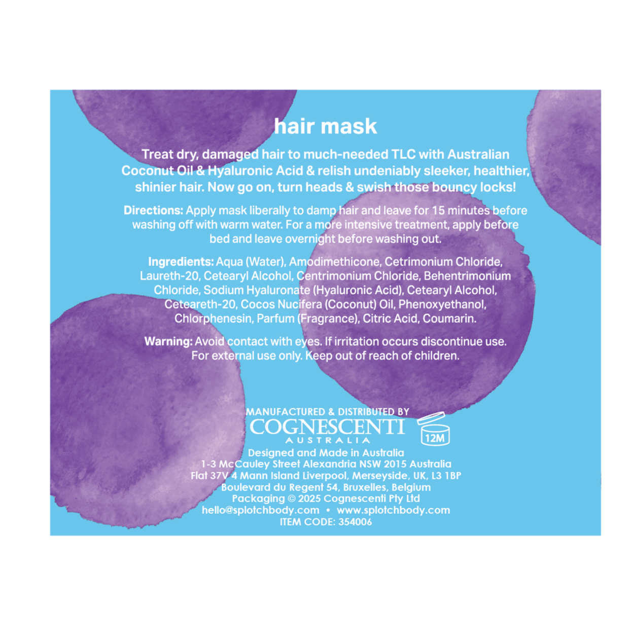 A blue label with purple splotches for a mask with Australian Coconut Oil and Hyaluronic Acid, designed to treat dry, damaged hair.