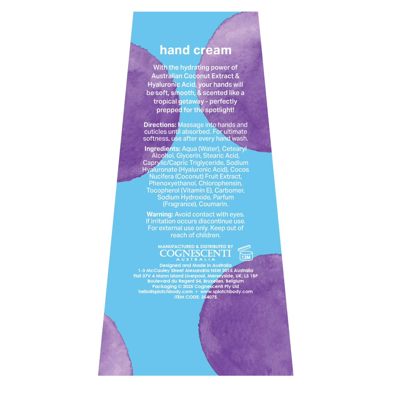 Hand cream packaging with blue and purple design on a white background