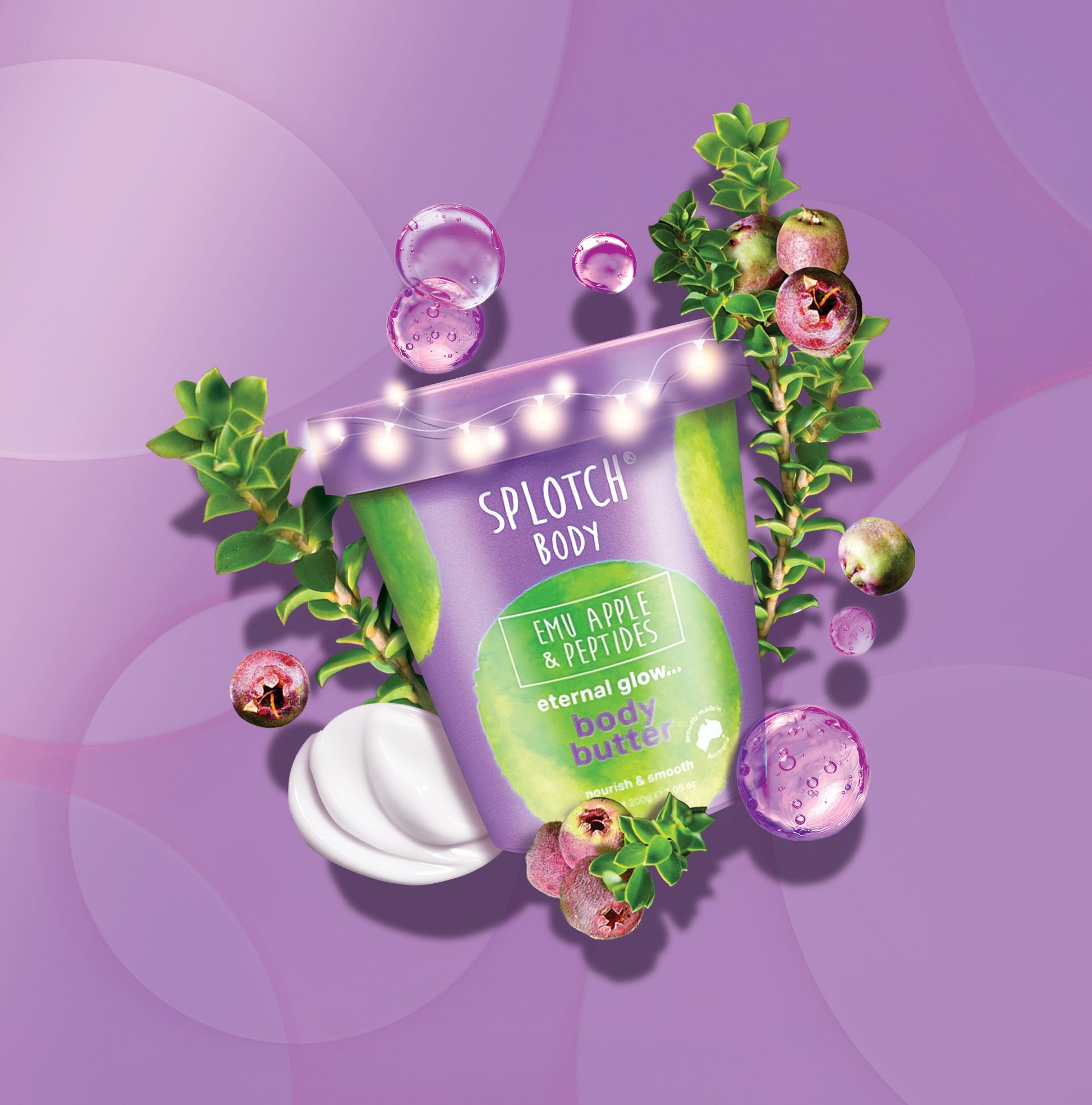 Product shot of a purple tub of SPLOTCH BODY Emu Apple & Peptides Body Butter, surrounded by green leaves and purple berries, and decorated with a string of fairy lights. The label reads 'SPLOTCH BODY', 'EMU APPLE & PEPTIDES', 'eternal glow... body butter', and 'nourish & smooth'. A swirl of white cream is visible near the base.