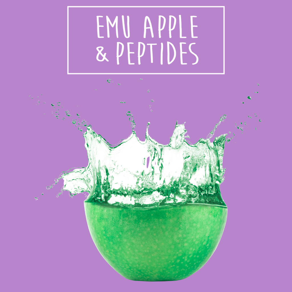 A green apple is shown submerged in water with a large splash against a solid purple background, topped with a white box containing the text "EMU APPLE & PEPTIDES".