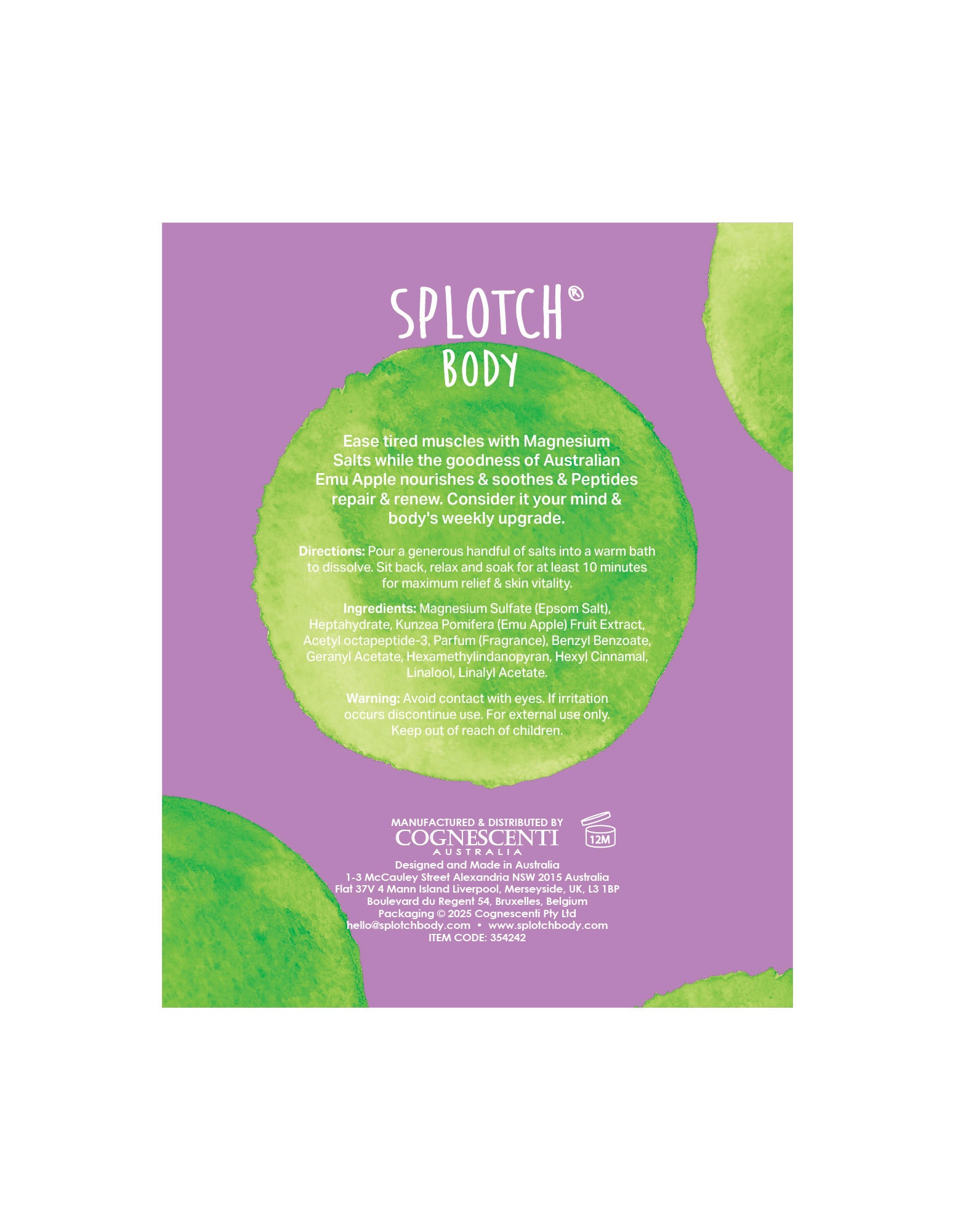 Close-up of a SPLOTCH BODY Emu Apple & Peptides Hair + Body Mist spray bottle. The bottle is purple with green watercolor-style splotches and a clear cap. The label reads 'SPLOTCH BODY', 'EMU APPLE & PEPTIDES', 'garden of Eden... hair + body mist', 'hydrate & brighten', and 'Net 100ml e 3.38 fl oz'