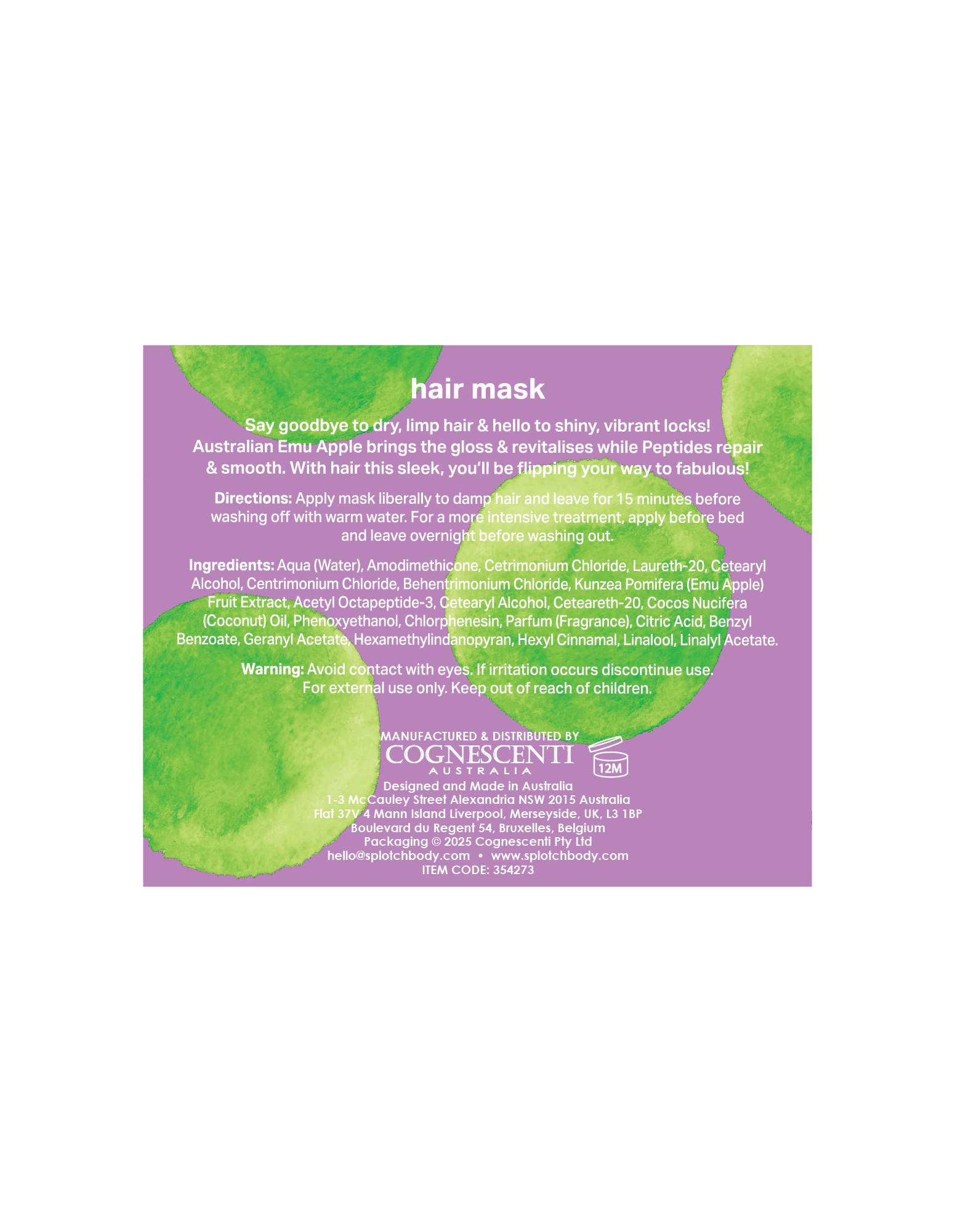 A back label for "hair mask" with a purple background and green watercolor splotches. The text describes the product: "Say goodbye to dry, limp hair & hello to shiny, vibrant locks! Australian Emu Apple brings the gloss & revitalises while Peptides repair & smooth. With hair this sleek, you'll be flipping your way to fabulous!"