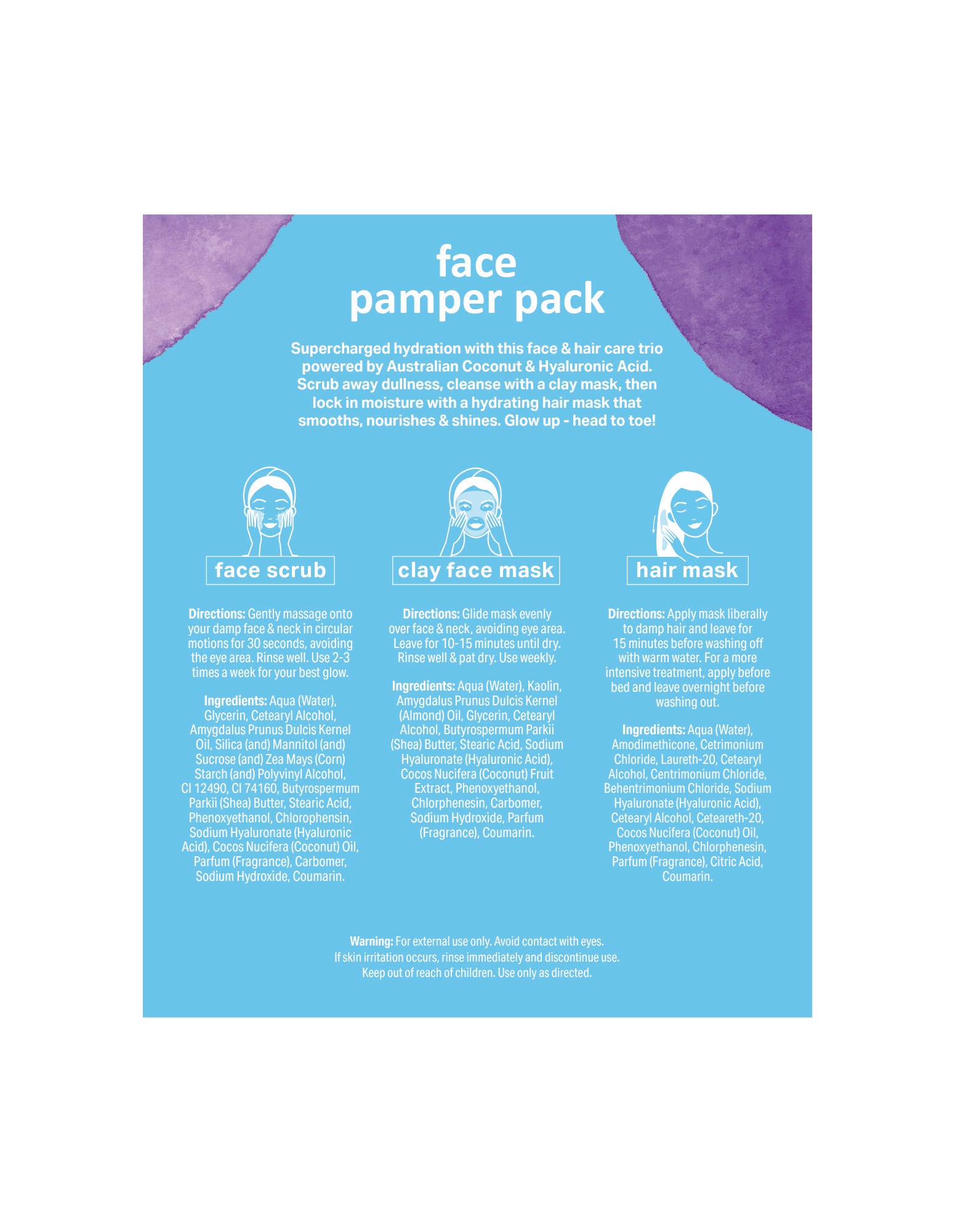 A blue label featuring white line-art illustrations of three steps: using a face scrub, applying a clay face mask, and finishing with a hair mask.