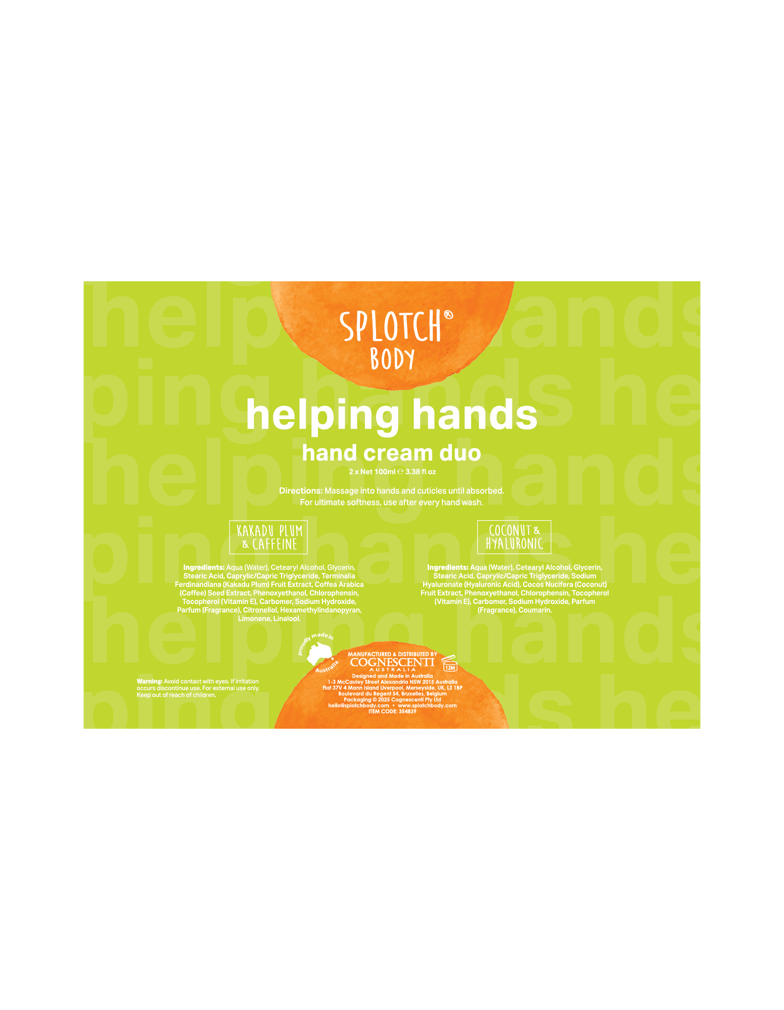 Splotch Body helping hands hand cream duo packaging on a white background