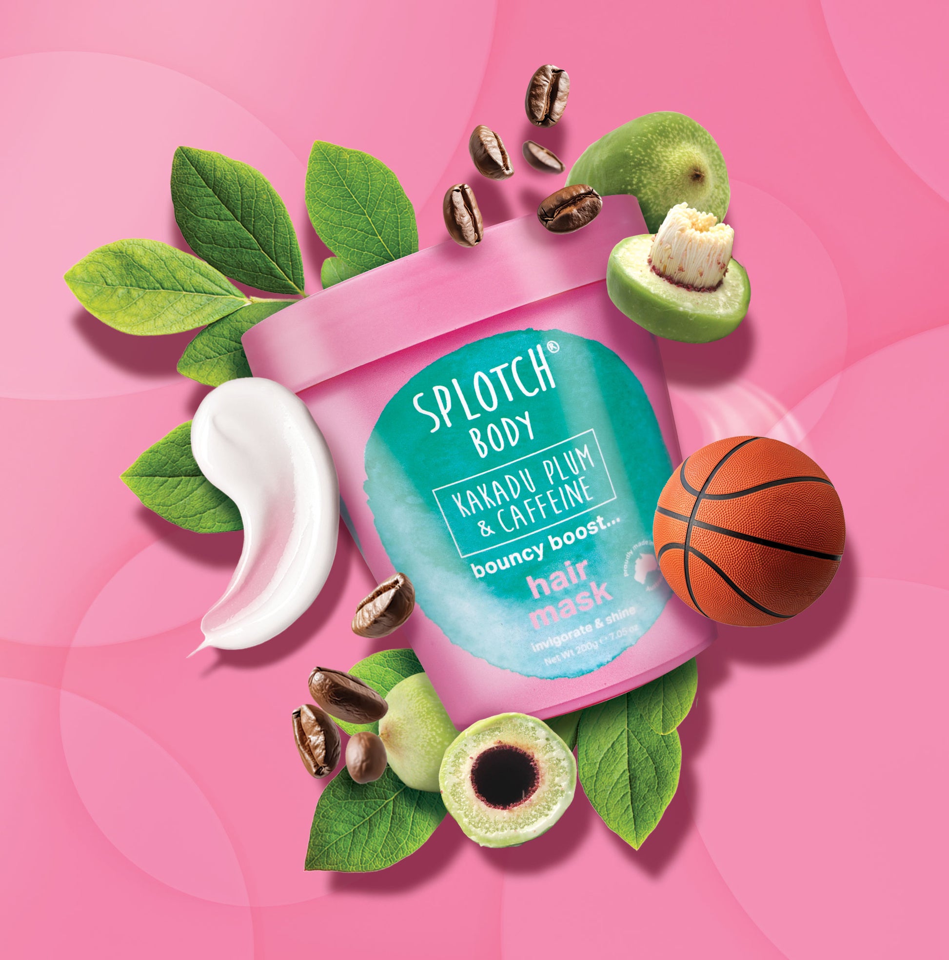 Spotch hair mask container with ingredients on a pink background