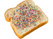 A slice of white bread is covered in vibrant, multi-colored rainbow sprinkles.