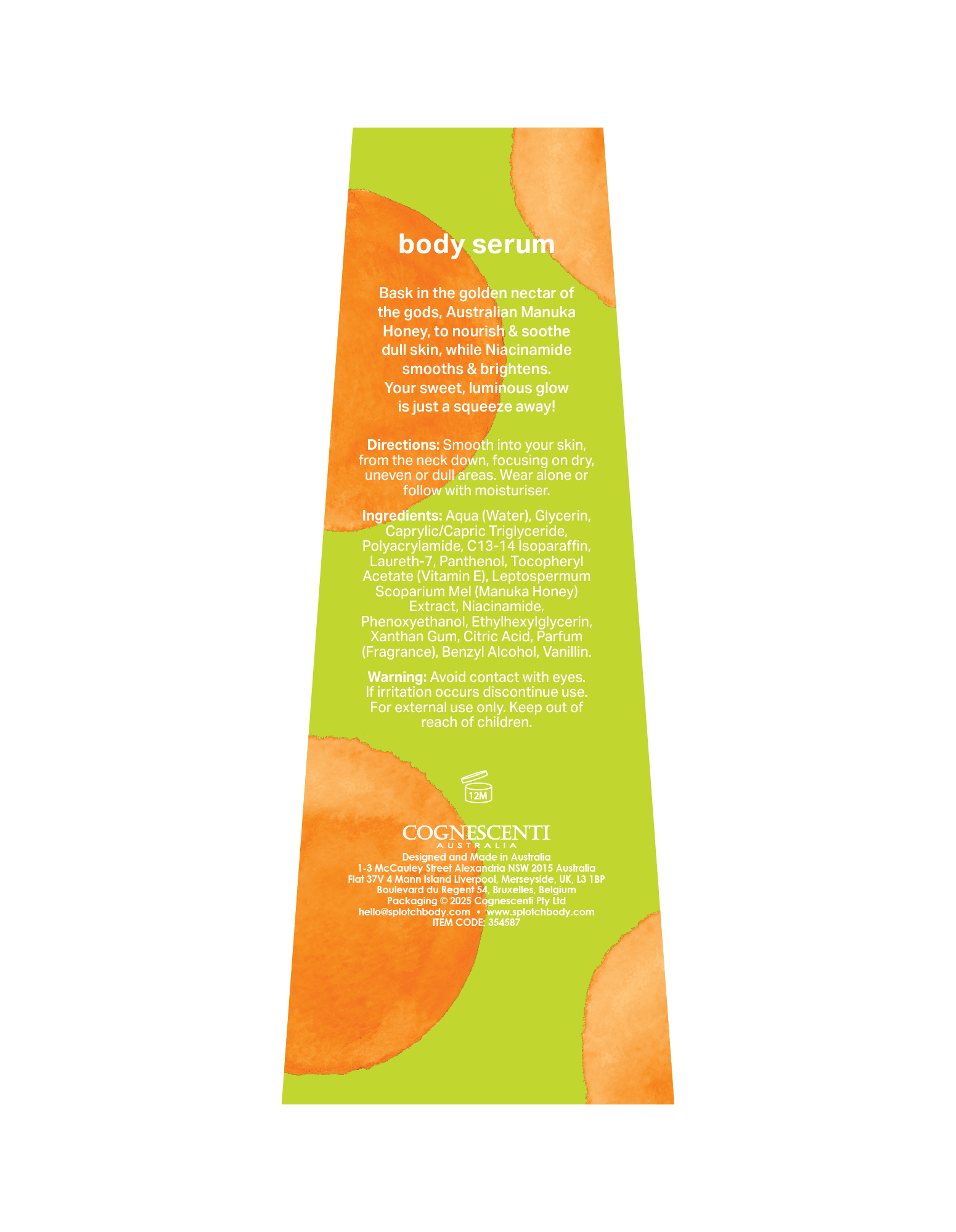 
This image is a product label for a "body serum" from the brand COGNESCENTI AUSTRALIA. The label features a lime-green background decorated with large, abstract orange watercolor circles.
