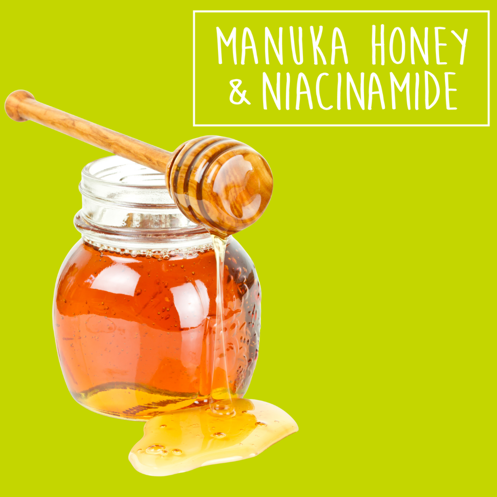 A wooden honey dipper rests on a glass jar of golden honey, with a large spill at the base against a lime-green background. A white box at the top contains the text "MANUKA HONEY & NIACINAMIDE".