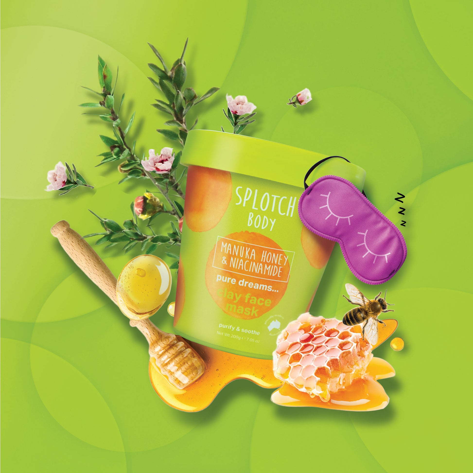 Splotch Body Manuka Honey & Macadamia face mask with honey, flowers, and a sleep mask on a green background