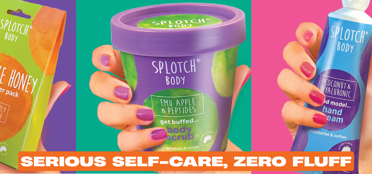 A collage features a hand with purple nails holding a purple tub of "Emu Apple & Peptides" body scrub, a hand with pink nails holding a blue tube of "Coconut & Hyaluronic" hand cream, and a partial view of a "Skin Like Honey" face pack. An orange banner at the bottom reads "SERIOUS SELF-CARE, ZERO FLUFF".