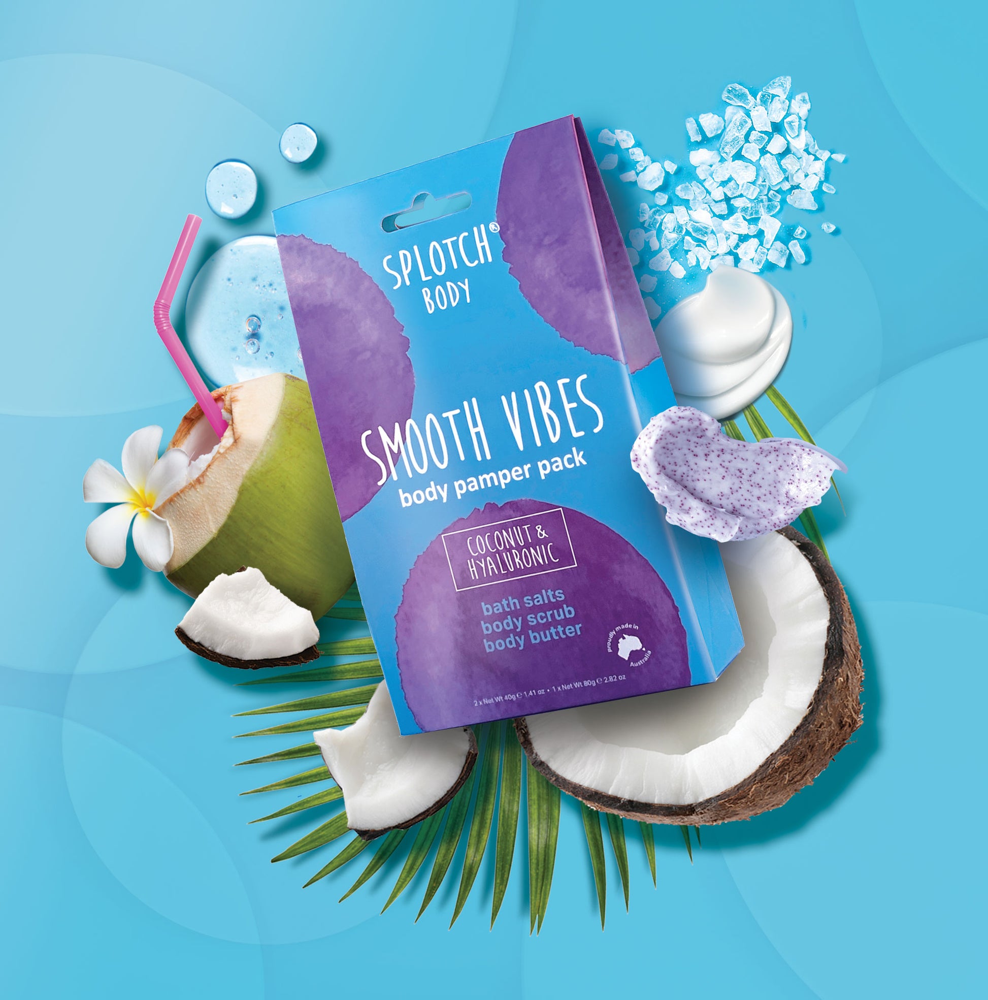 Splotch Body Smooth Vibes body pamper pack with coconuts and flowers on a blue background