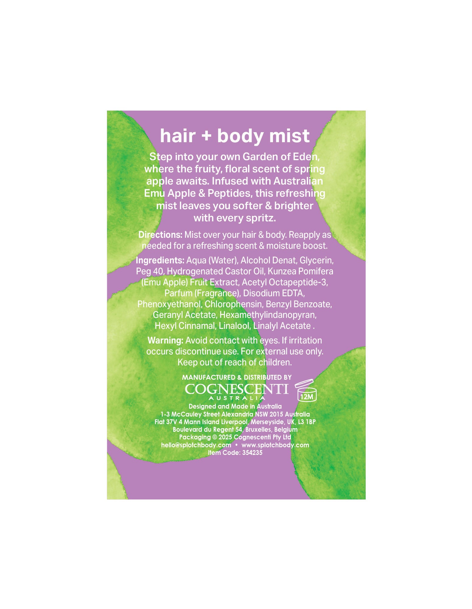 Product shot of a purple tub of SPLOTCH BODY Emu Apple & Peptides Body Scrub. The tub is decorated with a yellow sequined bow and surrounded by green foliage, purple berries, and clear purple water droplets. A swirl of light green scrub is visible on the side, all set against a purple background.